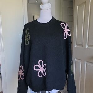 Adora Black Floral Appliqué Crewneck Sweater - Pink & Olive Flowers